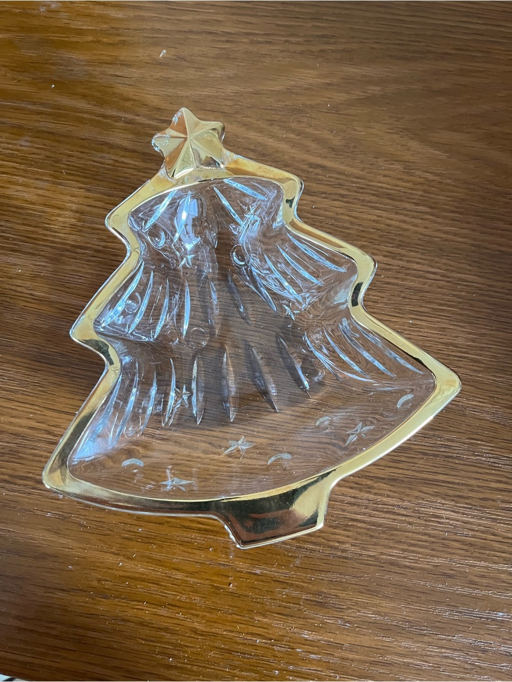 Clear Glass Christmas Tree Serving Dish with Gold Trim